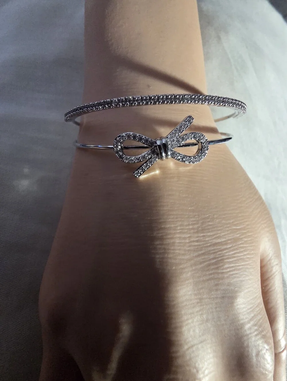 IMA Collection Silver Bow Open Cuff Bracelet | Crystal Accent Bangle | Elegant A